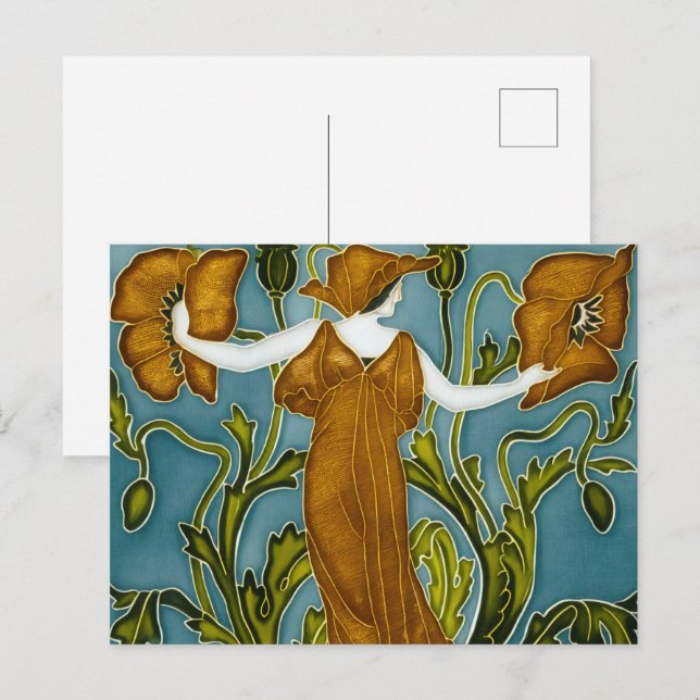 Walter Crane Floral Design and Lady Art Nouveau Postcard (Front/Back)