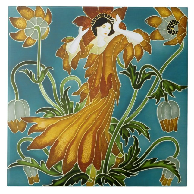Walter Crane Orange Tulip Art Nouveau Floral Ceramic Tile (Front)