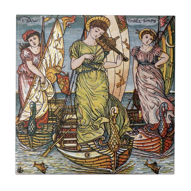 Walter Crane Ships,Graceful Ladies,Art Nouveau Ceramic Tile (Front)