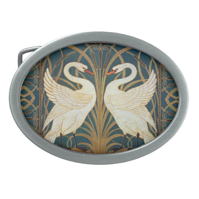 Walter Crane Swan, Rush And Iris Art Nouveau Oval Belt Buckle (Front)