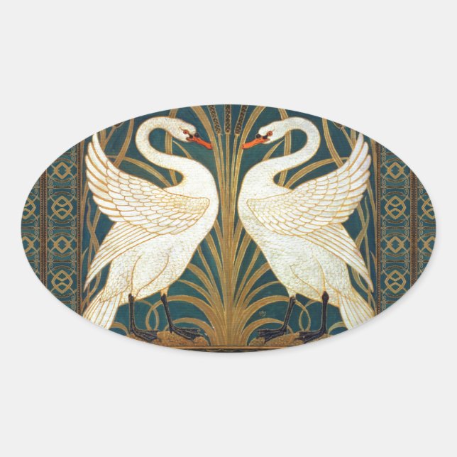 Walter Crane Swan, Rush And Iris Art Nouveau Oval Sticker (Front)