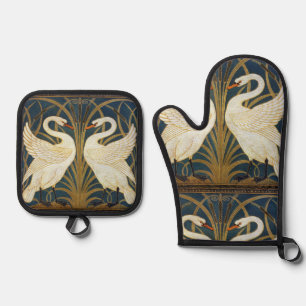 Walter Crane - Swan, Rush And Iris Art Nouveau Oven Mitt & Pot Holder Set