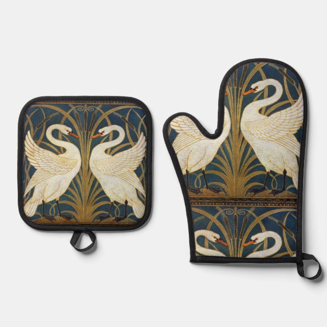 Walter Crane Swan  Rush And Iris Art Nouveau Oven Mitt & Pot Holder Set (Front)