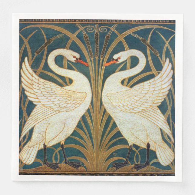 Walter Crane Swan, Rush And Iris Art Nouveau Paper Dinner Napkins (Front)