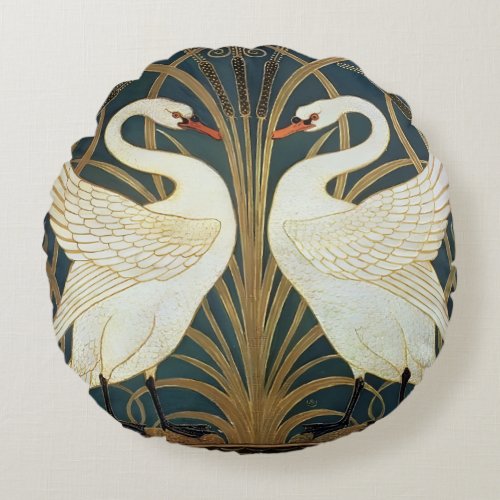 Walter Crane Swan Rush And Iris Art Nouveau  Round Pillow
