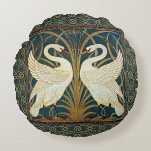 Walter Crane Swan, Rush And Iris Art Nouveau  Round Pillow