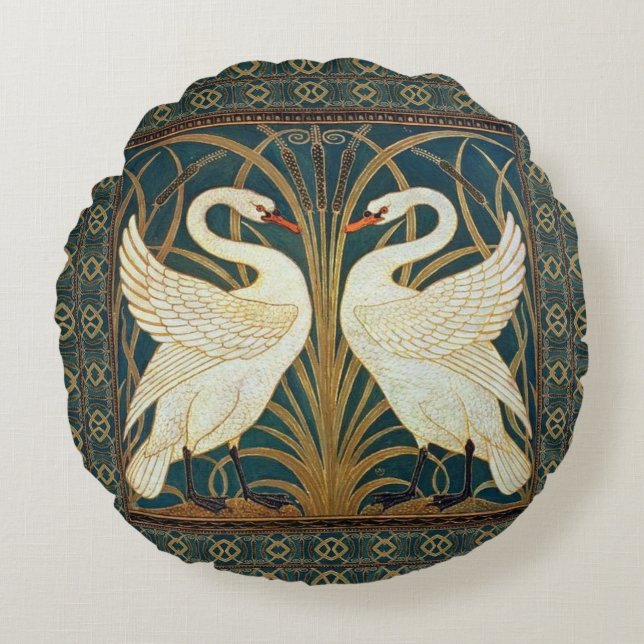 Walter Crane Swan, Rush And Iris Art Nouveau  Round Pillow (Front)