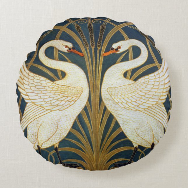 Walter Crane Swan  Rush And Iris Art Nouveau Round Pillow (Front)