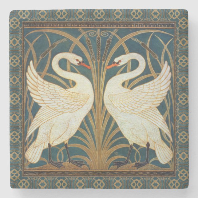 Walter Crane Swan, Rush And Iris Art Nouveau Stone Coaster (Front)