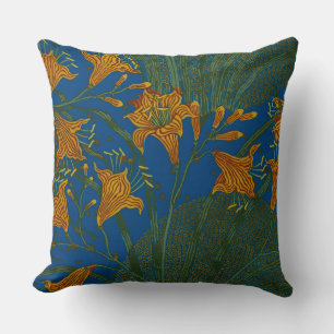 Walter Crane Vintage Day Lily Floral Pattern Throw Pillow