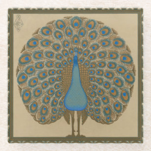 Walter Crane Vintage Gold Blue Peacock Art Glass Coaster