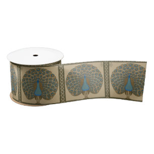 Walter Crane Vintage Gold Blue Peacock Art Satin Ribbon