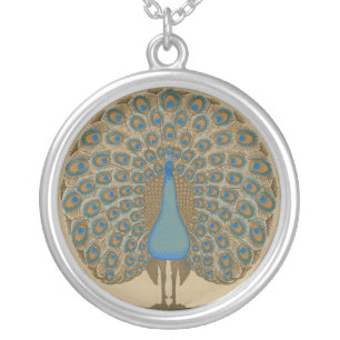 Walter Crane Vintage Gold Blue Peacock Art Silver Plated Necklace