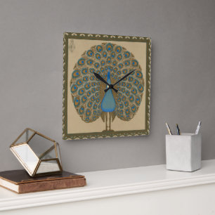 Walter Crane Vintage Gold Blue Peacock Art Square Wall Clock