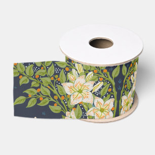 Walter Crane Vintage Navy White Lily Pattern Grosgrain Ribbon