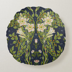 Walter Crane Vintage Navy White Lily Pattern Round Pillow