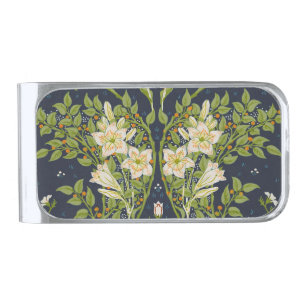 Walter Crane Vintage Navy White Lily Pattern Silver Finish Money Clip