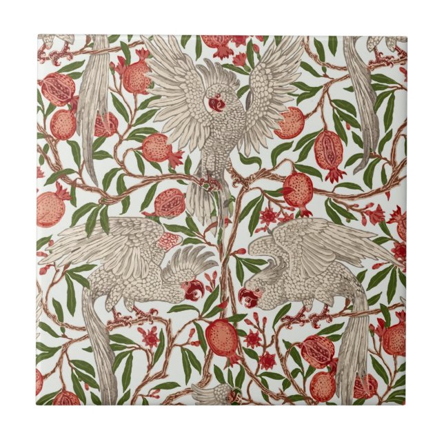 Walter Crane White Cockatoo Red Pomegranate Art Ceramic Tile (Front)