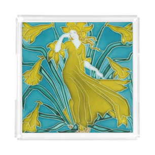 Walter Crane Yellow Daffodil Art Nouveau Tile Acrylic Tray