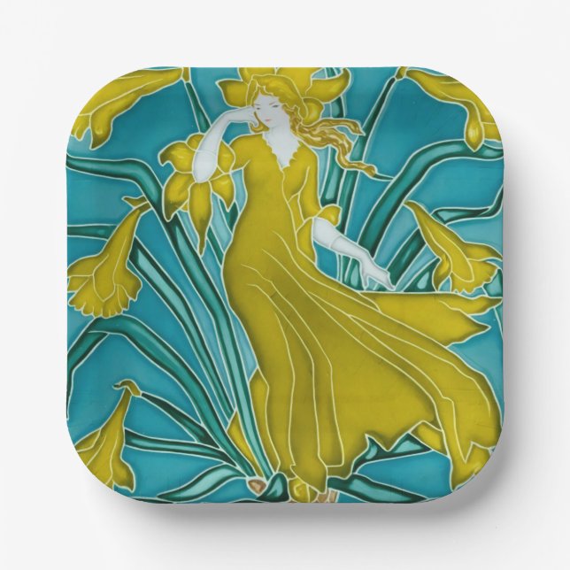 Walter Crane Yellow Daffodil Art Nouveau Tile Paper Plates (Front)