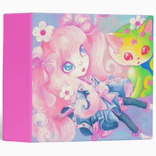 Wamono Japanese Girl With Kawaii Kitten Binder