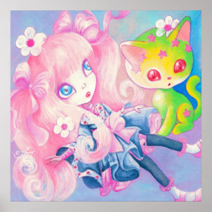 Wamono Japanese Girl With Kawaii Kitten ~ Poster