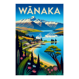 Wānaka New Zealand Retro Travel Poster Art
