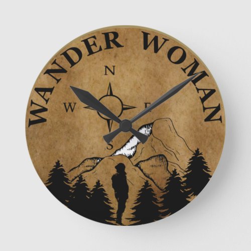 Wander hiking hike camping woman vintage round clock