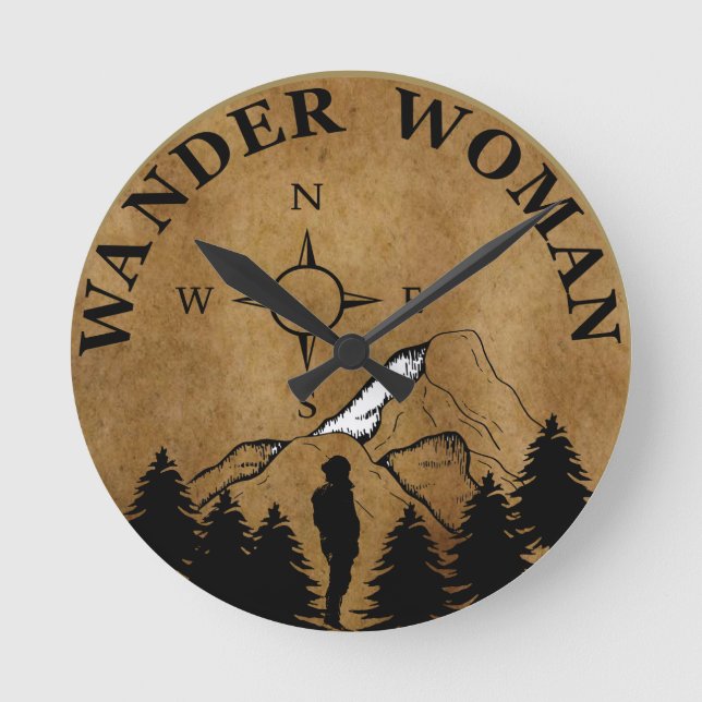 Wander hiking hike camping woman vintage round clock (Front)