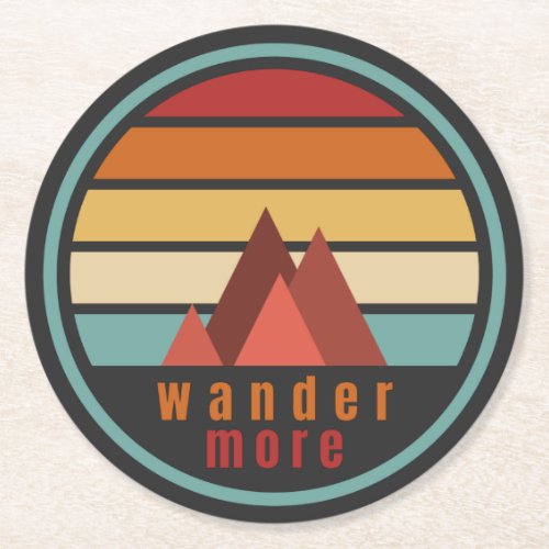 Wander More Mountains Button Round Paper Coaster