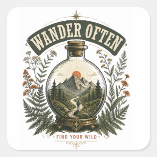 Wander Often Mountain Adventure Vintage Art Square Sticker