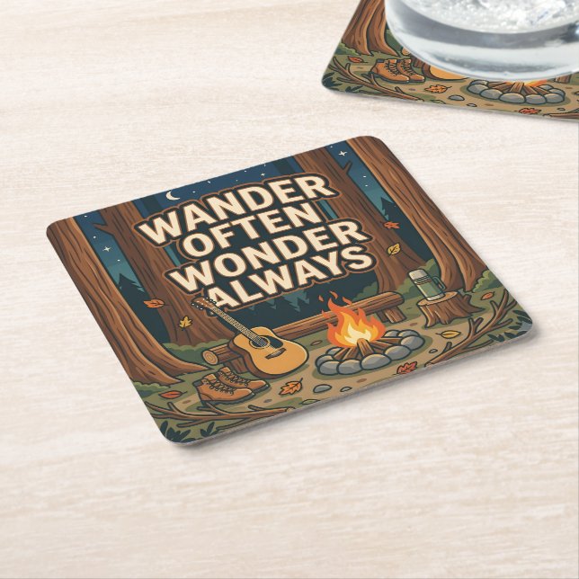 Wander Often Wonder Always Square Paper Coaster (Angled)