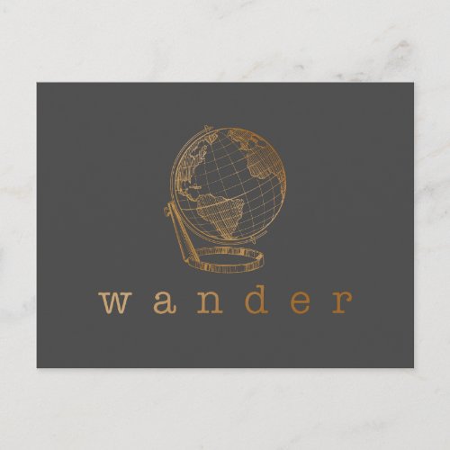 Wander Travel Quote and Globe in Black and Gold   Postcard