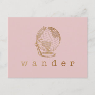 Wander Travel Quote and Globe in Blush and Gold Postcard
