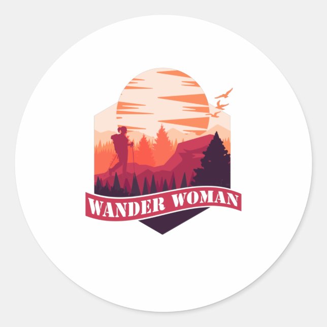 Wander Woman Hiking Adventure Mountains Classic Round Sticker (Front)