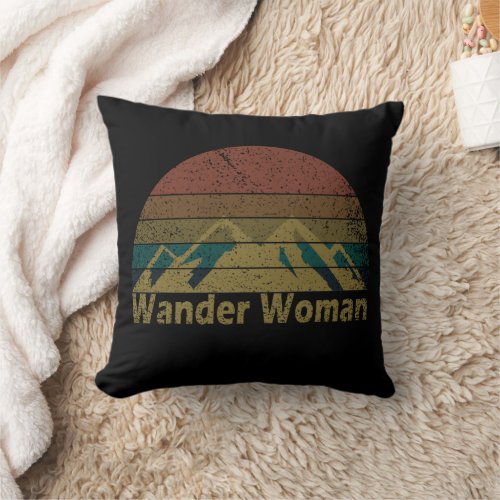 Wander woman hiking camping vintage throw pillow