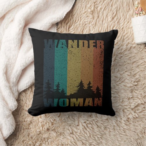 Wander woman hiking camping vintage throw pillow