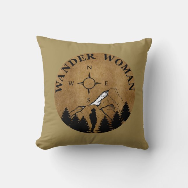 wander woman hiking throw pillow (Front)