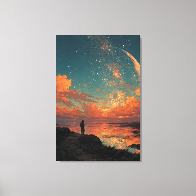 Wanderer Under Giant Crescent Moon Canvas Print (Front)