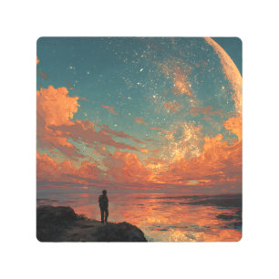 Wanderer Under Giant Crescent Moon Metal Print