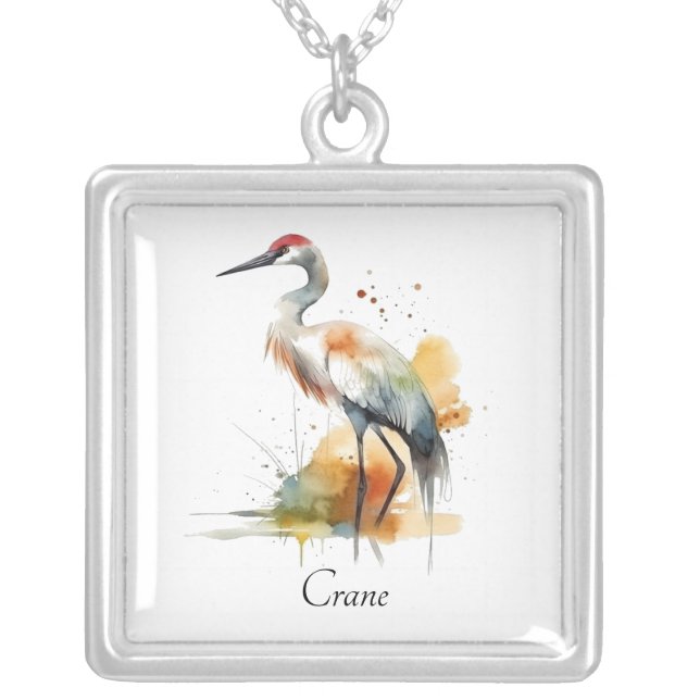 Wandering Crane, custom Silver Plated Necklace (Front)