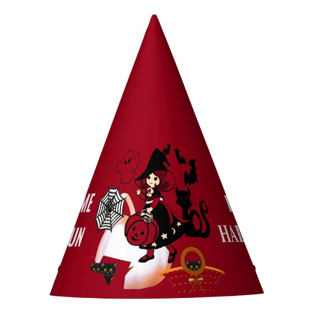 Wandering Witch Halloween Spider Web Kids Birthday Party Hat (Front)