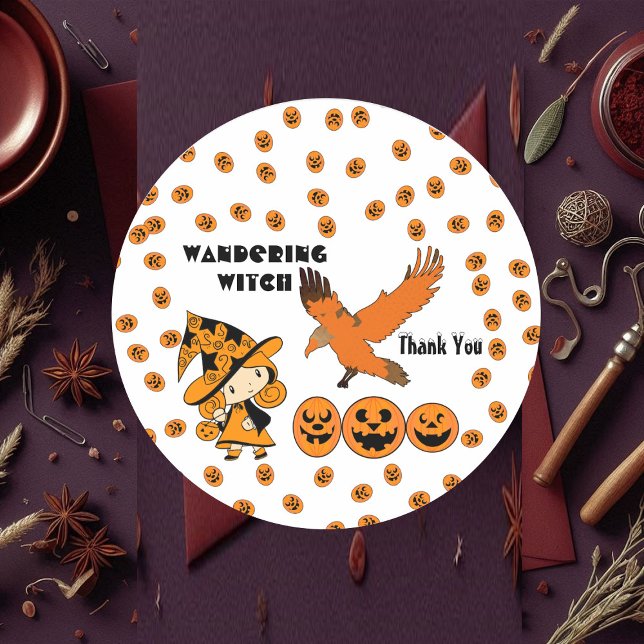 Wandering Witch Party Halloween Raven Pumpkins Fun Classic Round Sticker (Wandering Witch Party Halloween Raven Pumpkins Fun Classic Round Sticker)