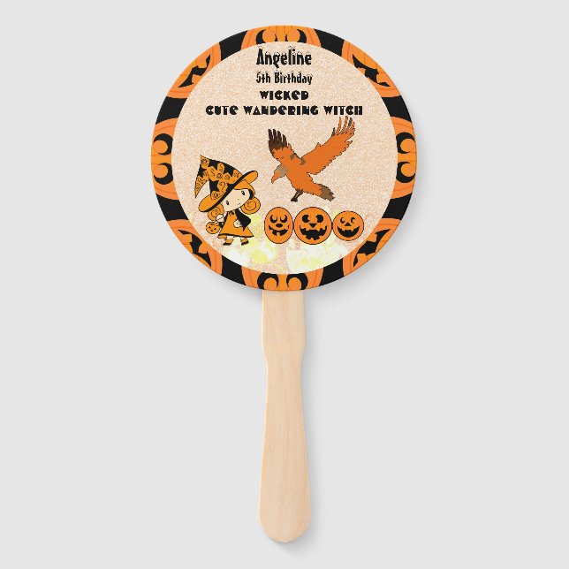 Wandering Witch Raven Halloween Pumpkins Birthday  Hand Fan (Front)