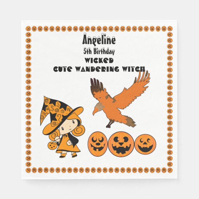 Wandering Witch Raven Halloween Pumpkins Birthday  Napkins (Front)