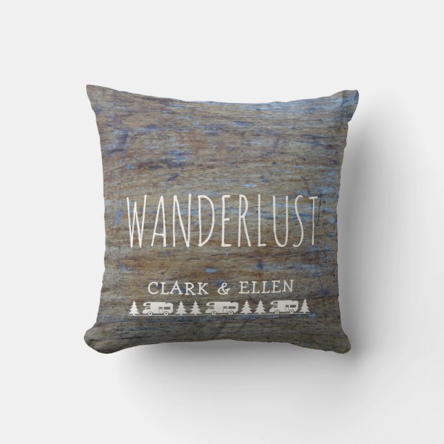 Wanderlust Custom Name | Rustic Wood RV Camper Throw Pillow (Front)