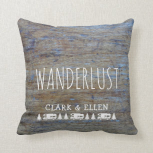 Wanderlust Custom Name Rustic Wood RV Camper Throw Pillow