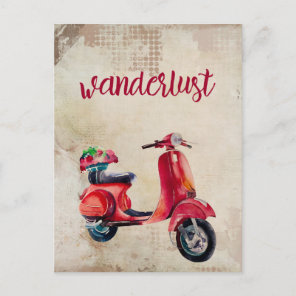 Wanderlust - Cute Red Watercolor Moped Postcard