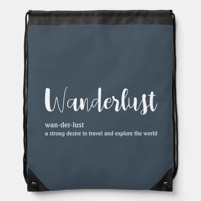 Wanderlust definition white grey blue colour drawstring bag (Front)