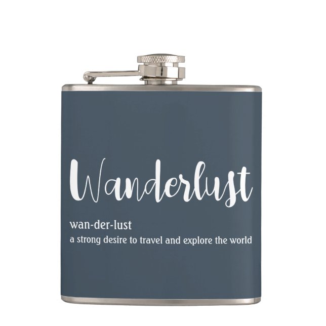 Wanderlust definition white grey blue colour flask (Front)